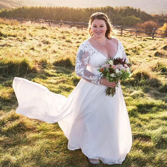 Lace Applique Chiffon A Line Wedding Dress for Bride with Long Sleeves - Picture 5 of 11